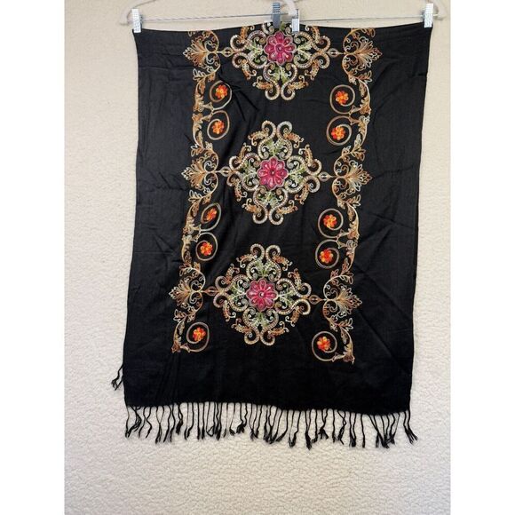 Dupatta Style‎ Scarf Shawl with Silk Thread Flowers Beautiful Scarf Black Fringe - Picture 1 of 5